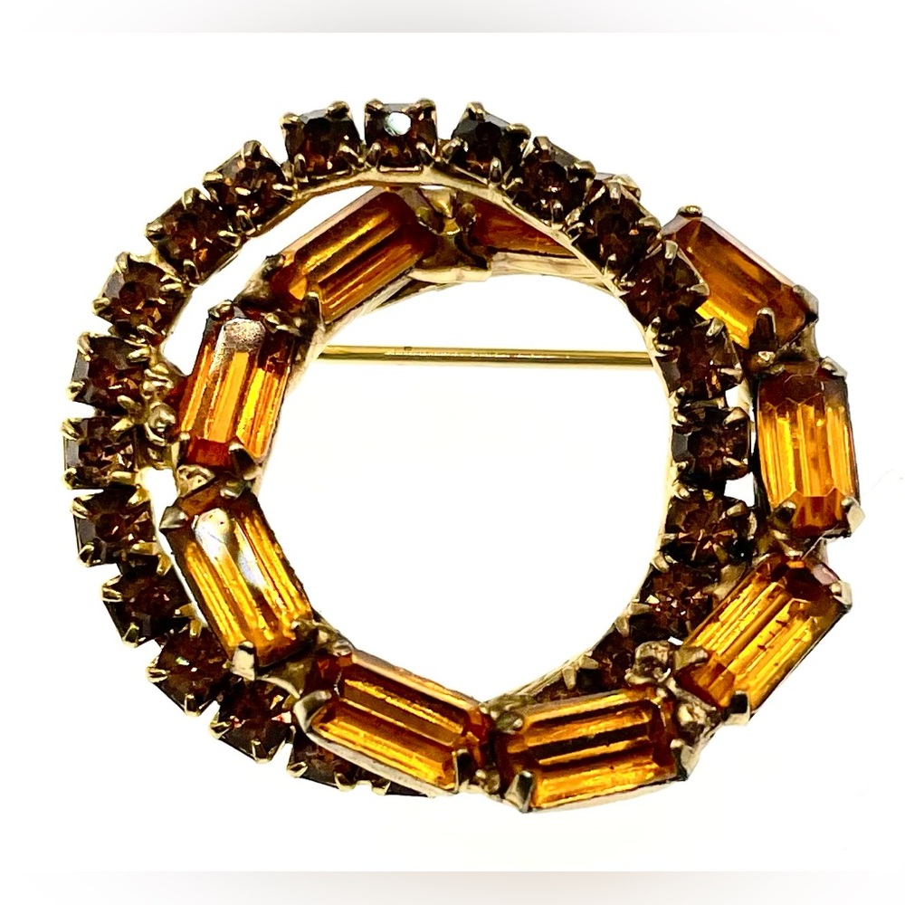 Vintage Gold Tone Double Circle Brooch Faceted Prong Set Crystals Mcm
